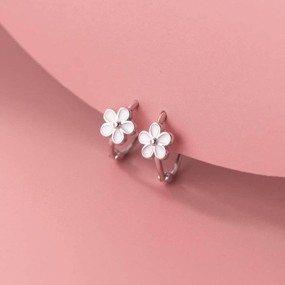 Solid 925 Sterling Silver Flower Hoop Earrings Huggie for Women Teen Girls Daisy - Picture 4 of 8